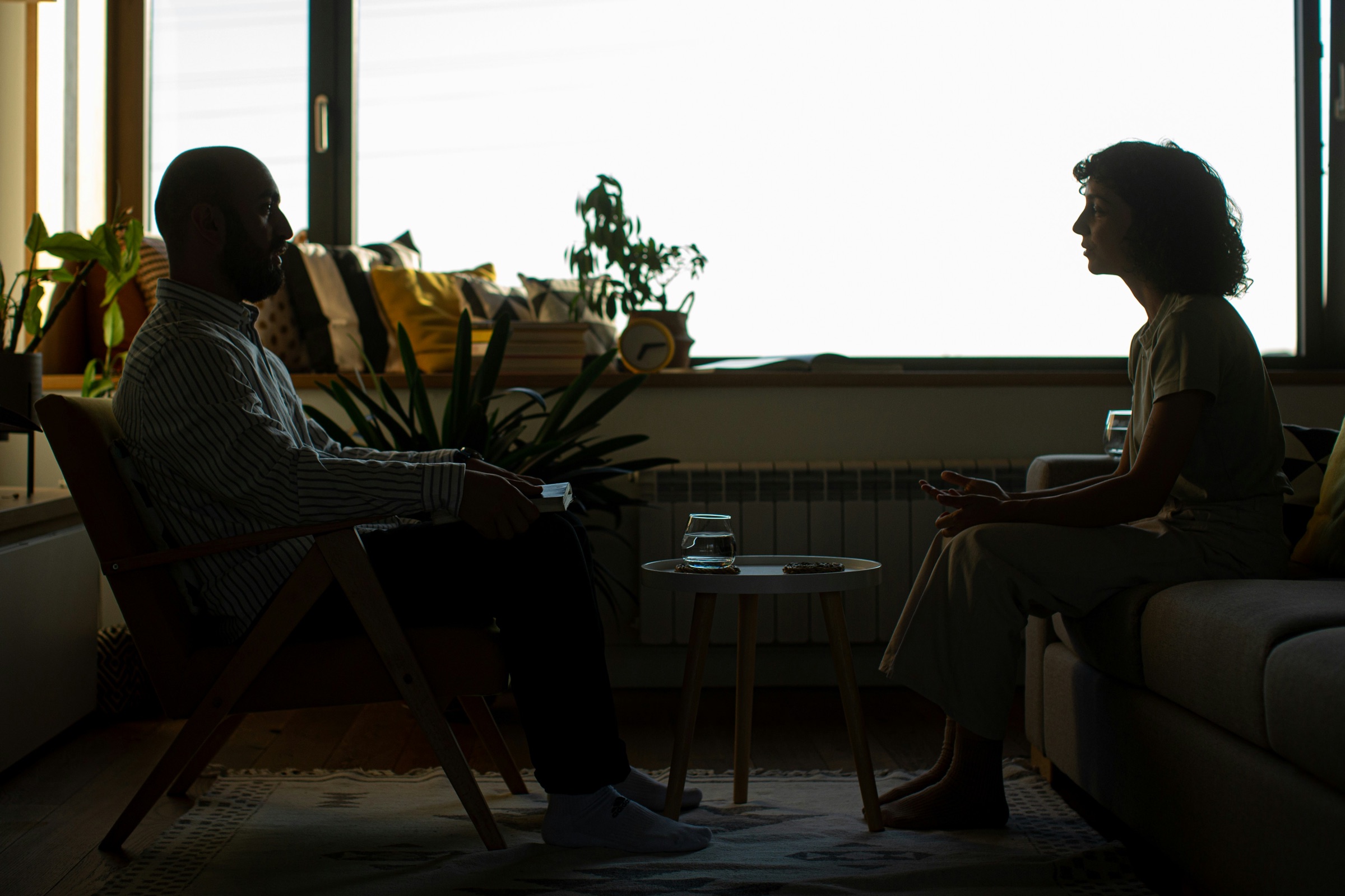 A therapist and client talking in a sunlit room
